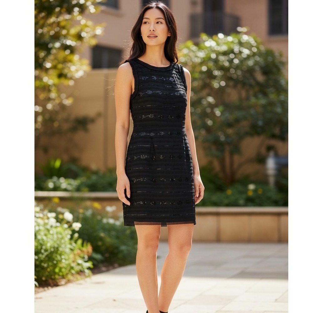 Trina Turk Womens Black 100% Silk Sequin Lace Embellished Shift Dress Size 4